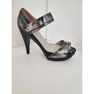 Max Studio Leather Ankle Strap Heels Gray Distressed Denim look Peekaboo toe 6.5